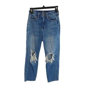 Hollister Mom Jeans Womens Size 1 Short High Rise Distressed Ripped Blue Denim